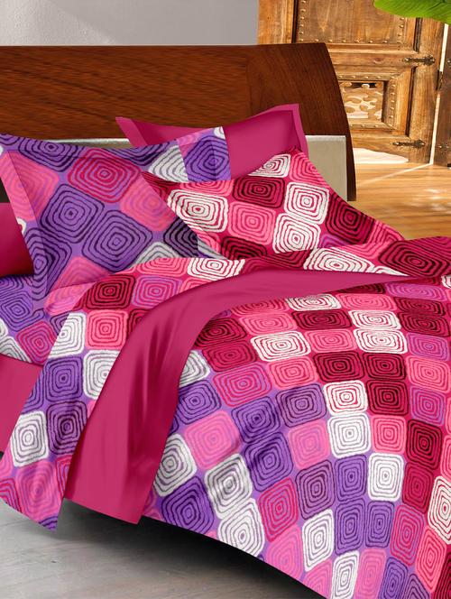 pink- purple- white colored, cotton double bedsheet with 2 pillow covers - 10014453 - Very Small Image - 1