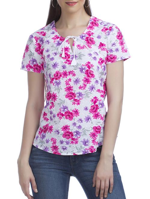 tie neck floral schiffli top - 11167155 - Standard Image - 1