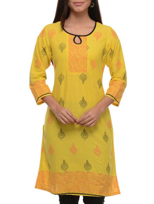 yellow cotton straight kurta - 11588781 - Standard Image - 1
