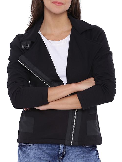solid black cotton side zipper jacket - 11943901 - Standard Image - 1