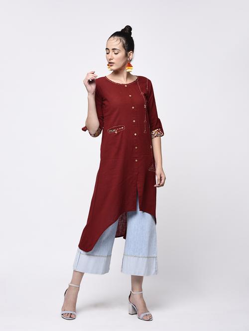 maroon cotton highlow kurta - 13906881 - Standard Image - 1