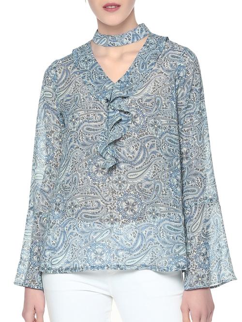 blue paisley printed ruffle top - 13973641 - Standard Image - 1