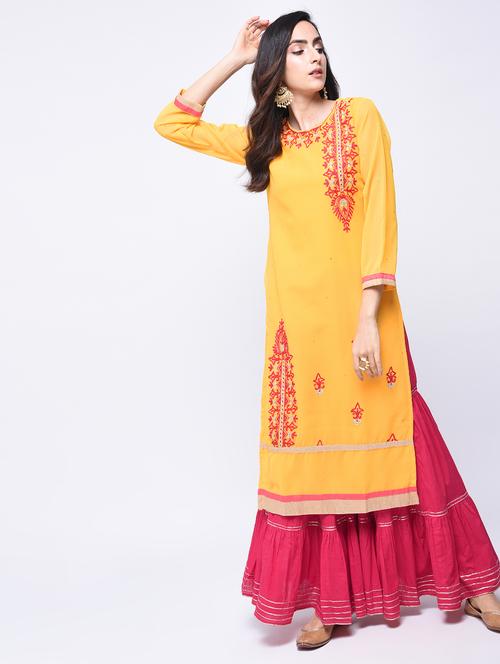 yellow georgette straight kurta - 14105181 - Standard Image - 1