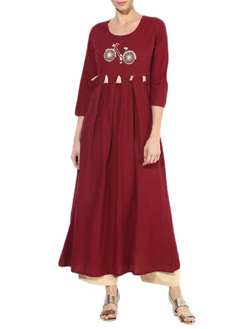 maroon cotton flared kurta - 14128798 - Standard Image - 1