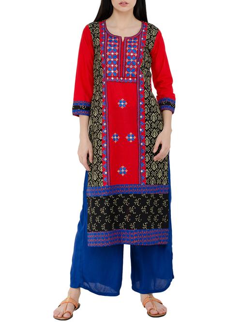 red cotton straight kurta - 14136155 - Standard Image - 1