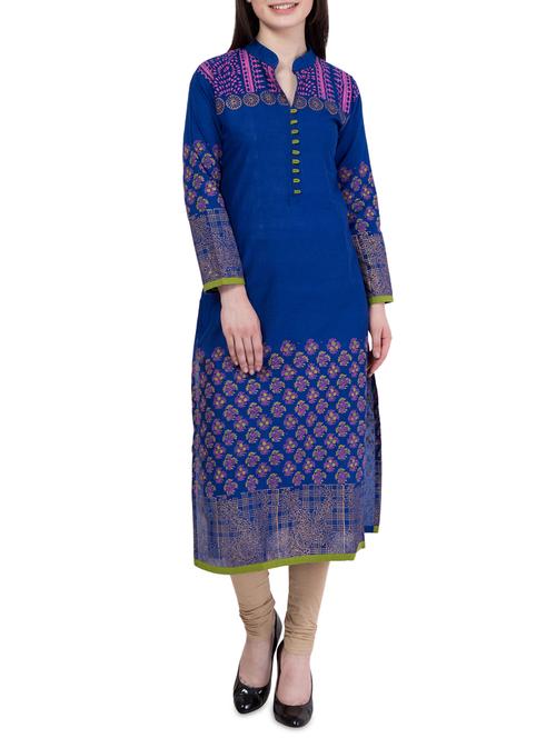 blue cotton straight kurta - 14241692 - Standard Image - 1