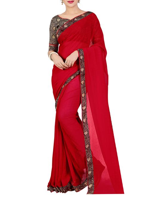 cherry red bordered saree with blouse - 14551263 - Standard Image - 1