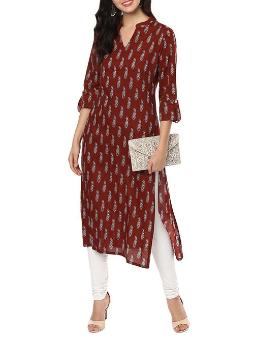 maroon cotton straight kurta - 14638066 - Very Small Image - 1