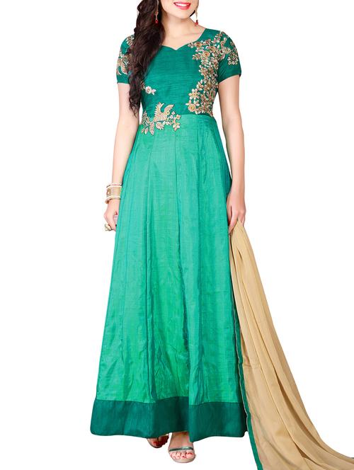green silk anarkali suits semistitched suit - 14781836 - Very Small Image - 1