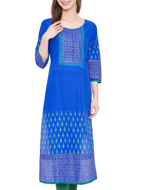 blue cotton straight kurta - 14782655 - Standard Image - 1