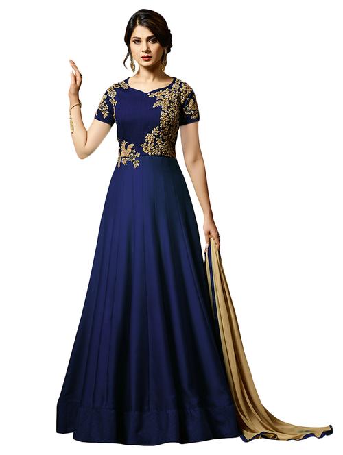 blue silk semi-stitched anarkali suit - 14869681 - Very Small Image - 1