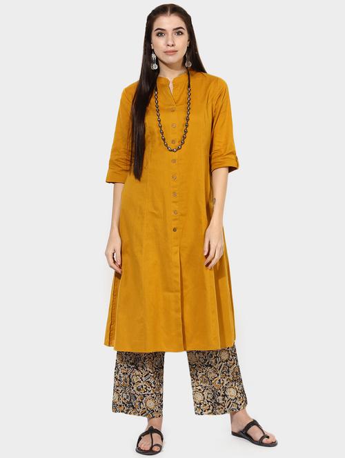 indian dobby yellow cotton a-line kurta - 14903223 - Standard Image - 1