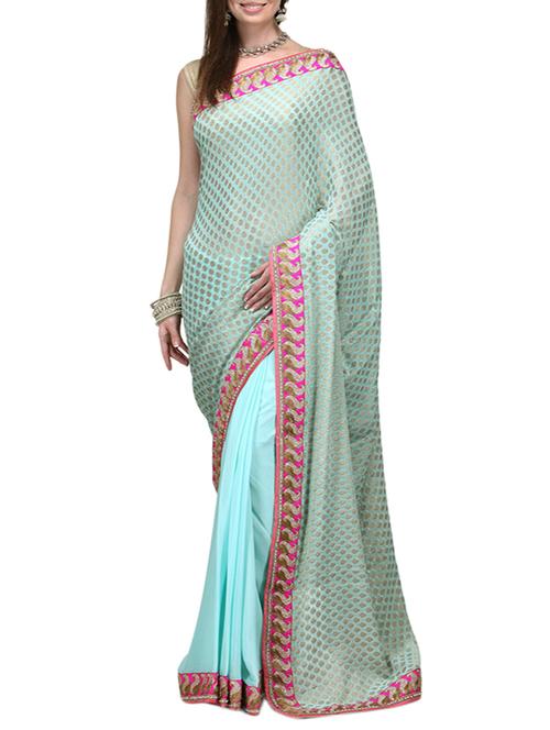 indian dobby turquoise half and half saree with blouse - 14937885 - Standard Image - 1
