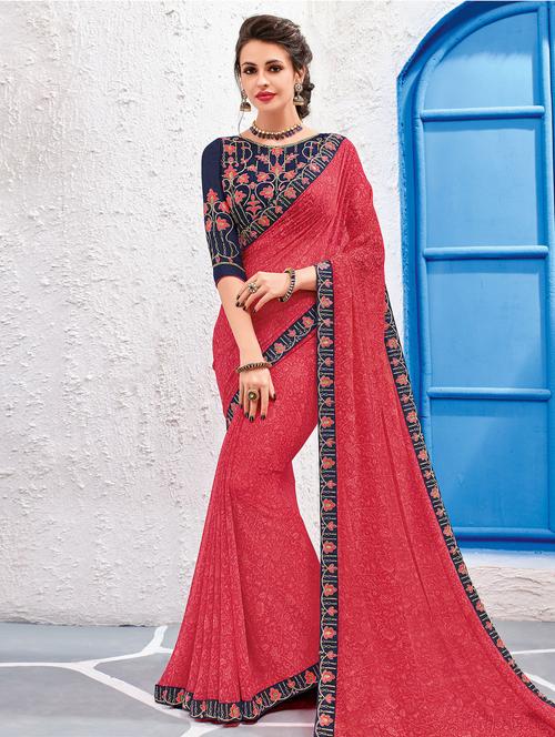 pink georgette printed saree with blouse - 14978781 - Very Small Image - 1