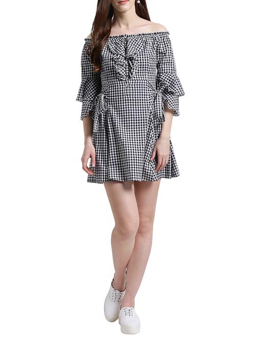 black cotton checkered off-shoulder dress - 15019194 - Very Small Image - 1