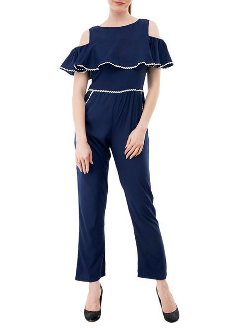 navy blue crepe full leg jumpsuit - 15068711 - Standard Image - 1