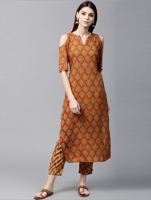 mustard rayon printed straight kurta withtrouser - 15129040 - Standard Image - 1