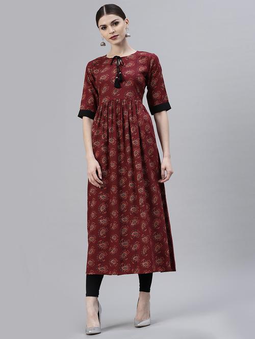 maroon rayon flared kurta - 15143432 - Standard Image - 1