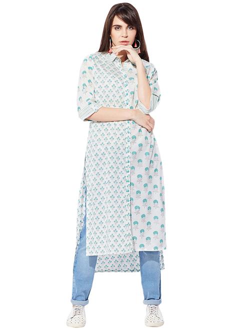 green cotton highlow kurta - 15149714 - Standard Image - 1