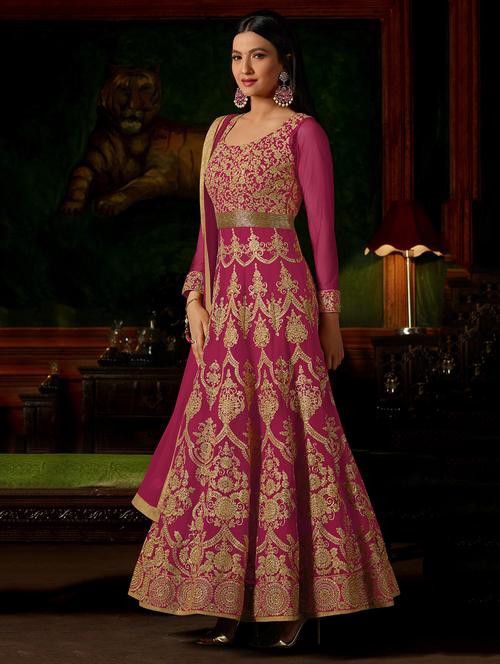Embroidered semi-stitched anarkali suit - 15449838 - Very Small Image - 1