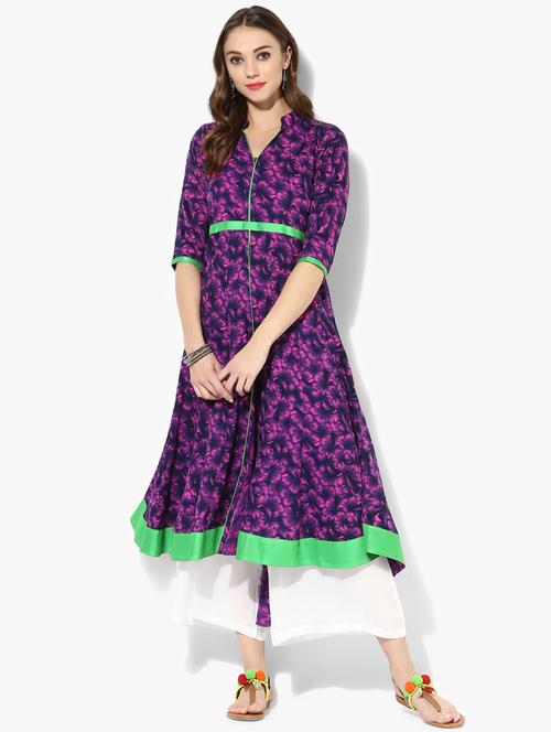 printed contrast piping anarkali kurta - 15523778 - Standard Image - 1
