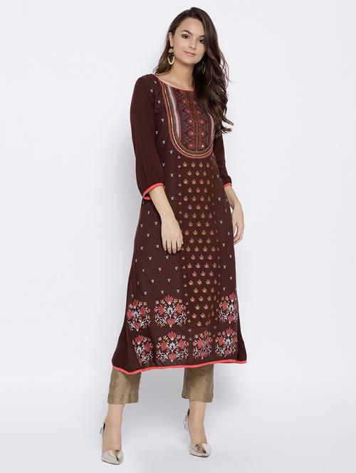 embellished foil print straight kurta - 15640228 - Standard Image - 1