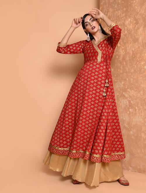 foil print angrakha kurta with tassels - 15701751 - Standard Image - 1