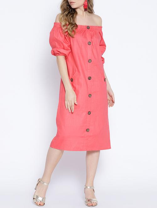 smocked off shoulder button detail dress - 15788605 - Standard Image - 1