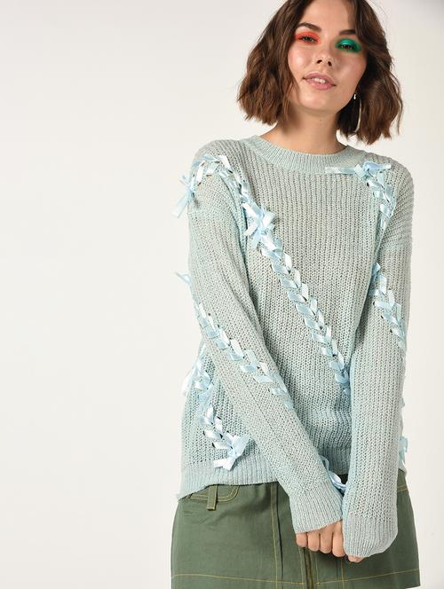 dropped shoulder lace up detail pullover - 15800286 - Standard Image - 1