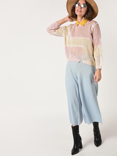 lace up detail pointelle knit pullover - 15800289 - Standard Image - 1