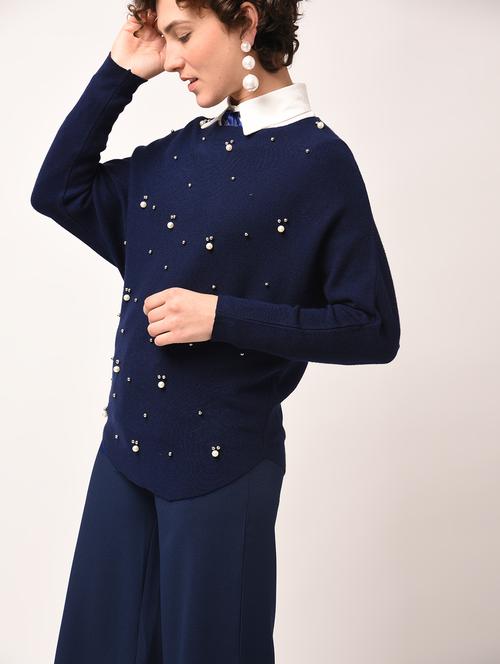 curved hem pearl embellished pullover - 15801676 - Standard Image - 1