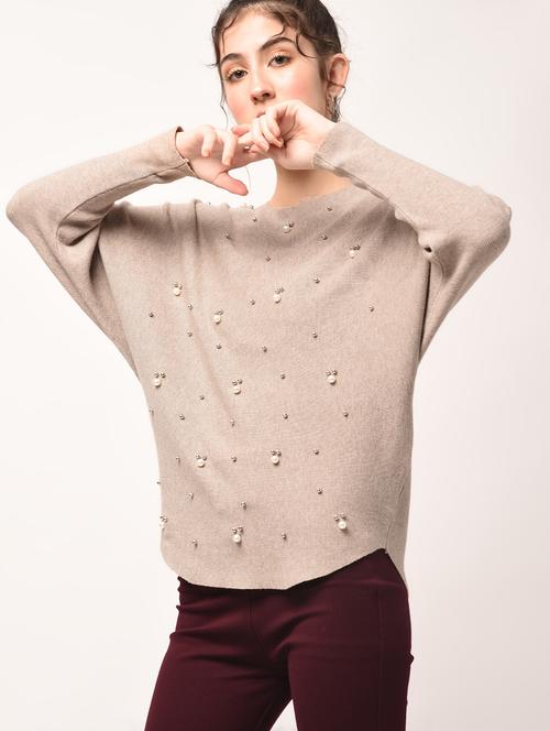 curved hem pearl embellished pullover - 15801677 - Standard Image - 1