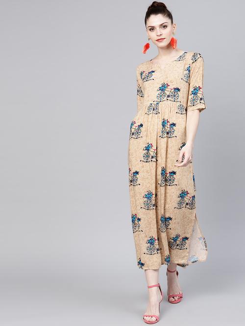 gather detail notch neck maxi dress - 15803577 - Standard Image - 1