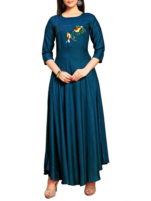 teal printed flared kurta - 15821554 - Standard Image - 1
