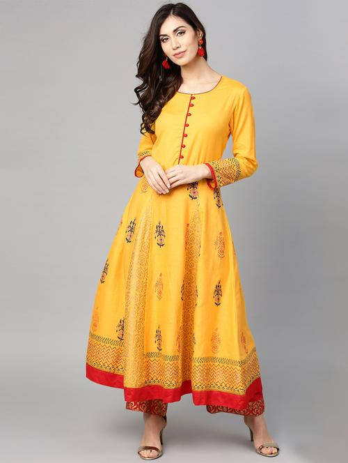 yellow cotton anarkali kurta - 15840646 - Standard Image - 1
