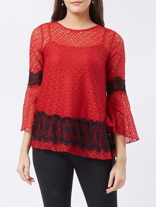 contrast lace bell sleeved top - 15851701 - Standard Image - 1