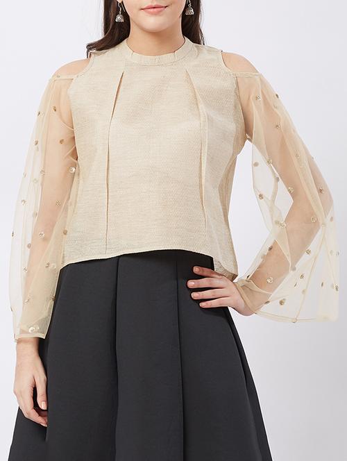 foil print cold shoulder pleated top - 15851703 - Standard Image - 1