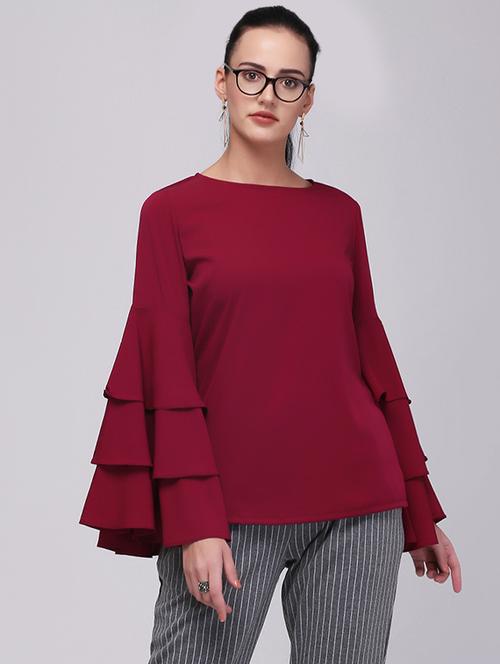 tiered bell sleeve keyhole back top - 15894257 - Standard Image - 1