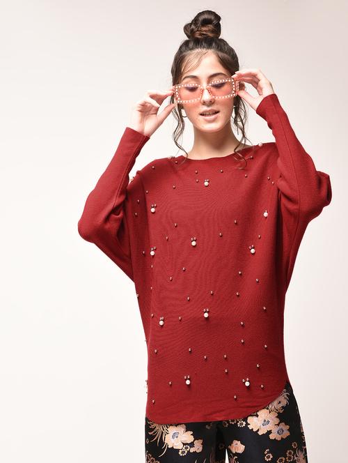 pearl embellished bat wing sleeved pullover - 15900929 - Standard Image - 1