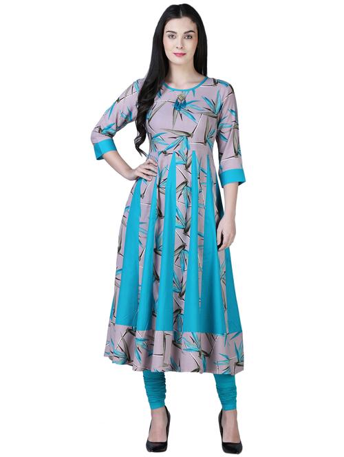 turquoise anarkali printed panel kurta - 15902159 - Standard Image - 1