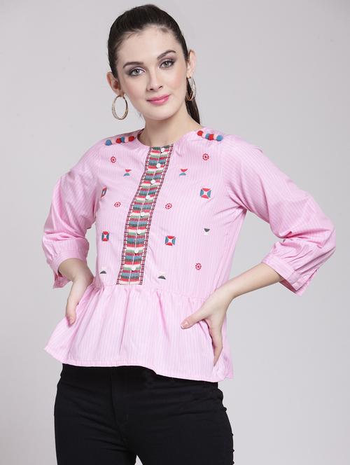 striped embroidered button detail top - 15919134 - Standard Image - 1