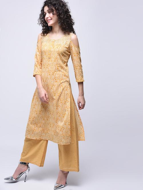 printed cold shoulder kurta palazzo set - 15927035 - Standard Image - 1
