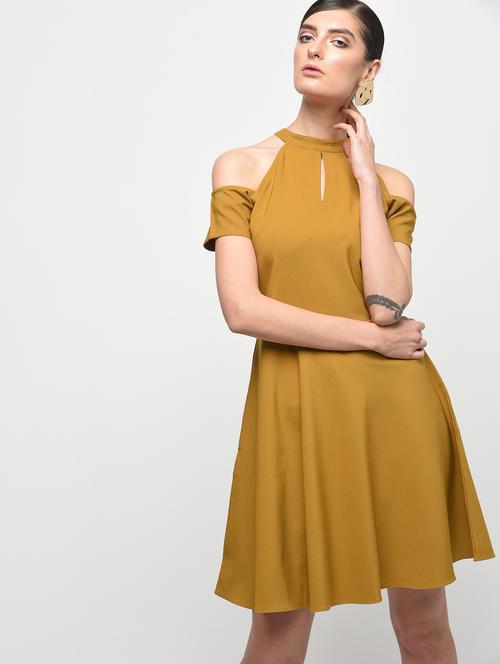 mustard cold shoulder skater dress - 15928062 - Very Small Image - 1