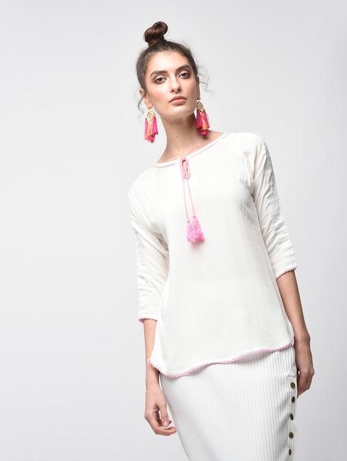 tassel tie up curved hem top - 15934698 - Standard Image - 1
