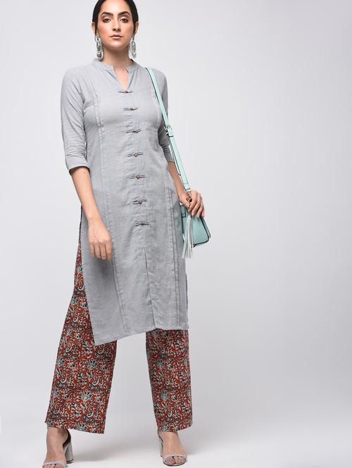 grey pintucks solid straight kurta - 15941159 - Standard Image - 1
