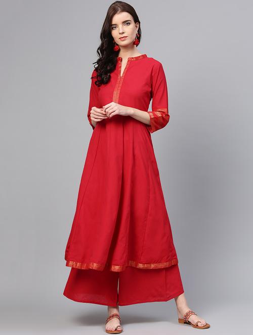 solid a-line kurta with palazzo set - 15953446 - Standard Image - 1