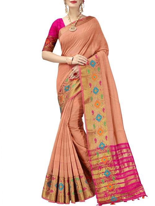 zari border woven saree with blouse - 16018370 - Very Small Image - 1