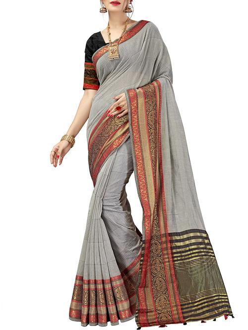 floral zari border woven saree with blouse - 16018374 - Very Small Image - 1