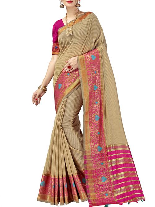 floral zari border woven saree with blouse - 16018376 - Very Small Image - 1