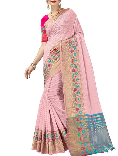 floral zari border woven saree with blouse - 16018378 - Very Small Image - 1